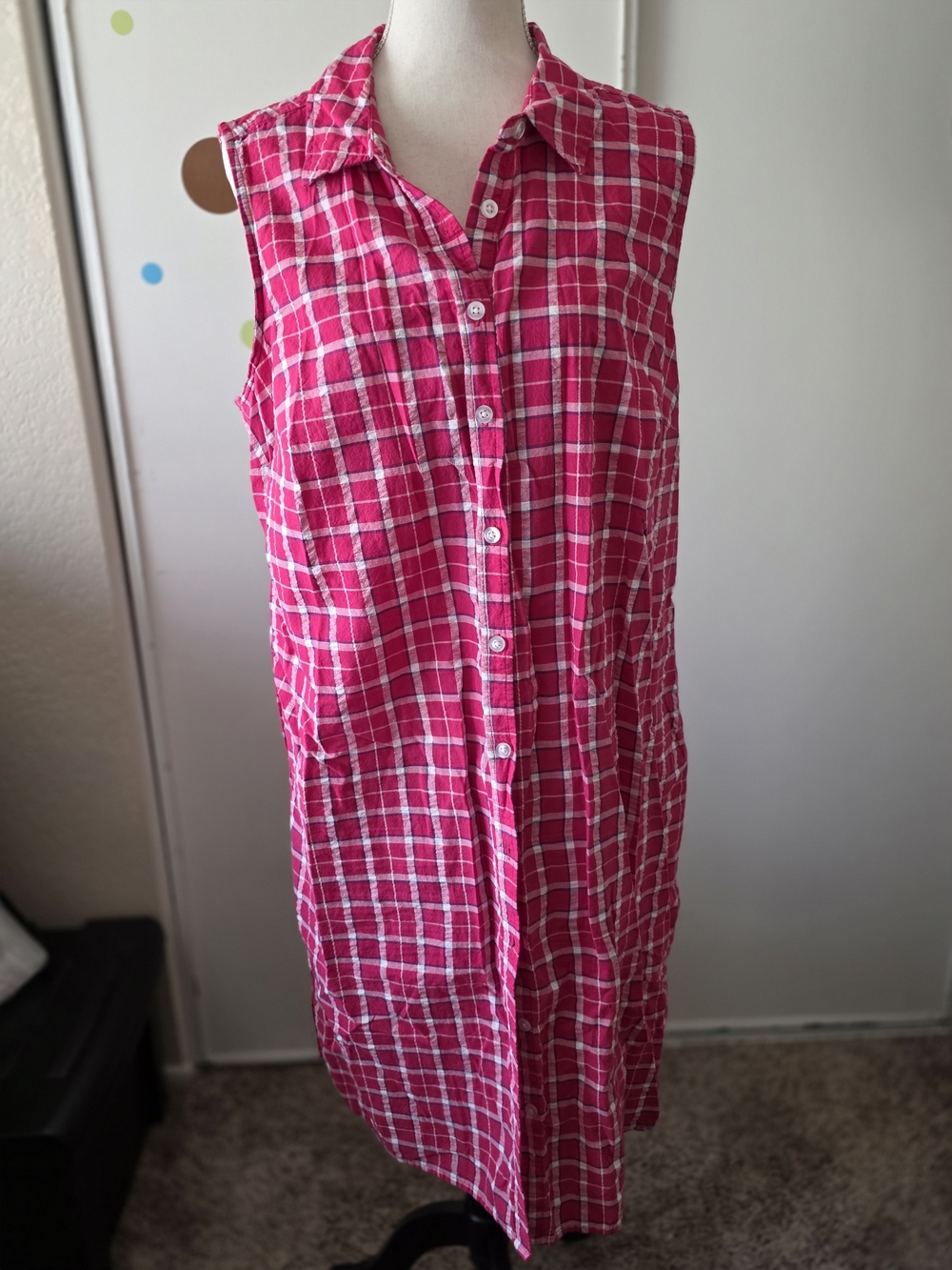 Sleeveless Red Plaid Button-Front Shirt Dress
